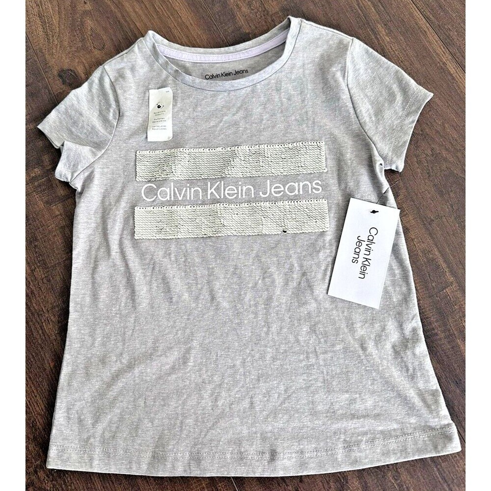 Calvin Klein Logo Girls cotton T-shirt With Reversible Sequins Light Gray S (7)
